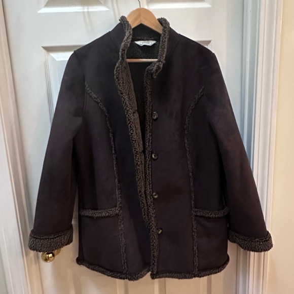LL Bean chocolate brown fur lined jacket button up jacket coat faux suede - Picture 1 of 8